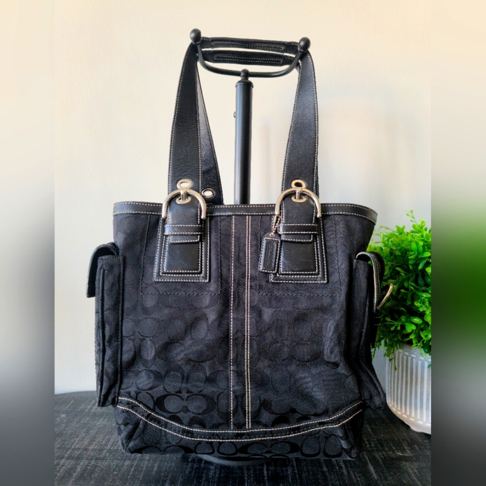 Coach Vintage Black Signature Canvas & Leather Carryall Tote Shoulder Bag #10079